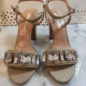 AUDREY BROOKE BEJEWELED HEELED LINEN SANDAL/ TAUPE GOLD - Women's 10